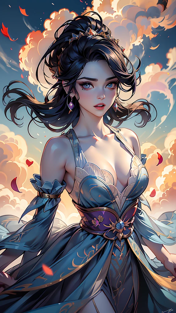 (La Best Quality,A high resolution,Ultra - detailed,actual),xuer Fairy in clouds,clouds,fog,smoke,(Whole body:1.1),fly,(float,fall:1.4),Dynamic Angle,perspective,
medium breasts,(scattered petal:1.3),exposed collarbone,exposed shoulders,exposed abdomen,Colorful costumes,Love Roja Cian,(Face details: 1.5, bright blue eyes, beautiful face, pretty eyes, Iris lining, thin lips: 1.5, delgado, pale and sharp eyebrows, long, dark eyelashes, double tabs),(perfect hands: 1.4) ,( Perfect anatomy) More detailed 8K.unreal engine:1.4,HD,La Best Quality:1.4, photorealistic:1.4, skin texture:1.4, masterpiece:1.8,masterpiece, Best Quality,object object], (detailed face features:1.3),(The correct proportions),  (cowboy pose), (bright colors),( clouds esponjosa white gigantes :1.4),( Perfect anatomy), (detailed face :1.4), (UHD 8k)
