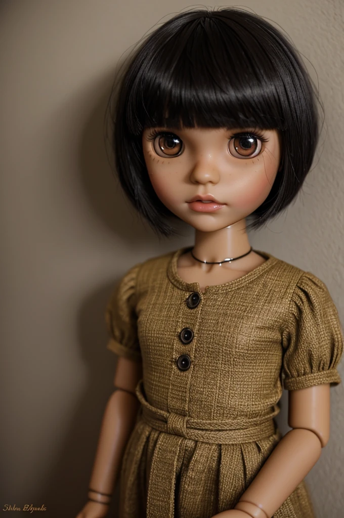 Blythe doll short hair with bangs very dark skin place under the right eye big honey eyes 