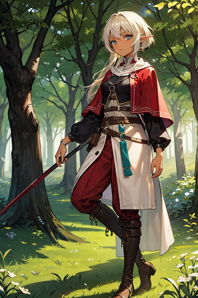Brown-skinned elf woman, adventuress, medieval, forest background