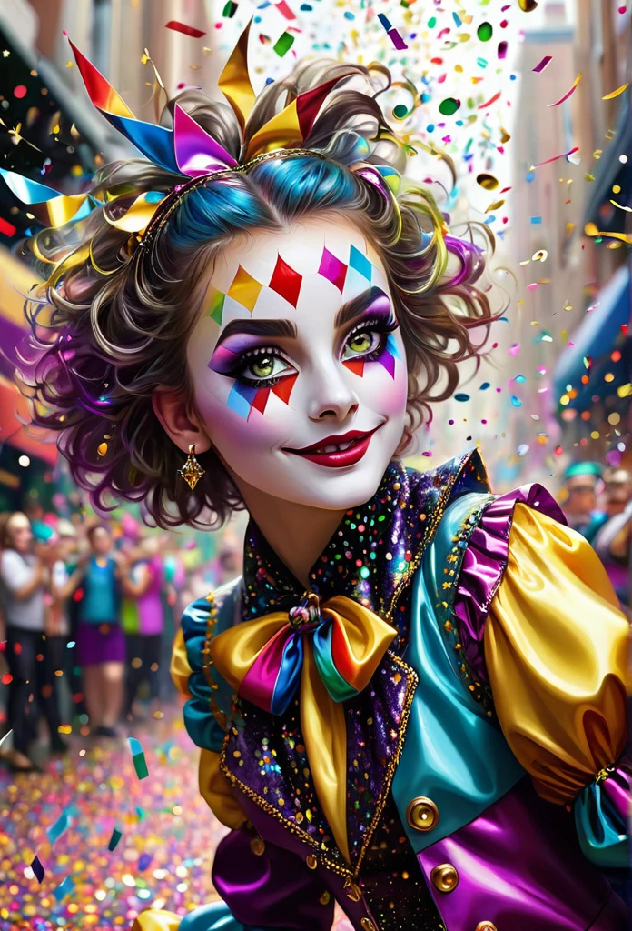 llumination metallic gratescape fantasy land adorable darling dancing harlequin throwing confetti in a confetti filled parade with mesmerizing hazel eyes, showered in confetti branded welding, ultradetailed, fine-tuned realism, excentric glass, astrophotography