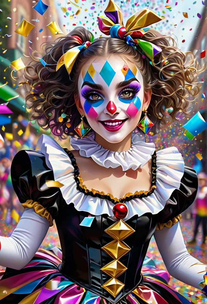 llumination metallic gratescape fantasy land adorable darling dancing harlequin throwing confetti in a confetti filled parade with mesmerizing hazel eyes, showered in confetti branded welding, ultradetailed, fine-tuned realism, excentric glass, astrophotography