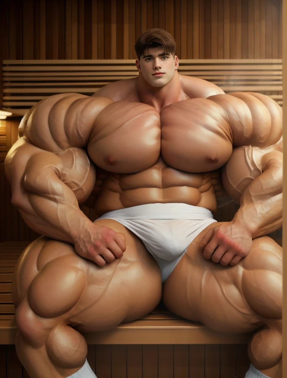 1boy, giant, giant bodybuilder, stand, warm light, strong body, bulk, large size, staring, sitting in the sauna, open legs, nude, white triangular underwear, prominent bulge, extraordinary big, brutalmass, giant, muscular body, bulk, buff, massive body, large meaty body size, extremely wide body, hairy body