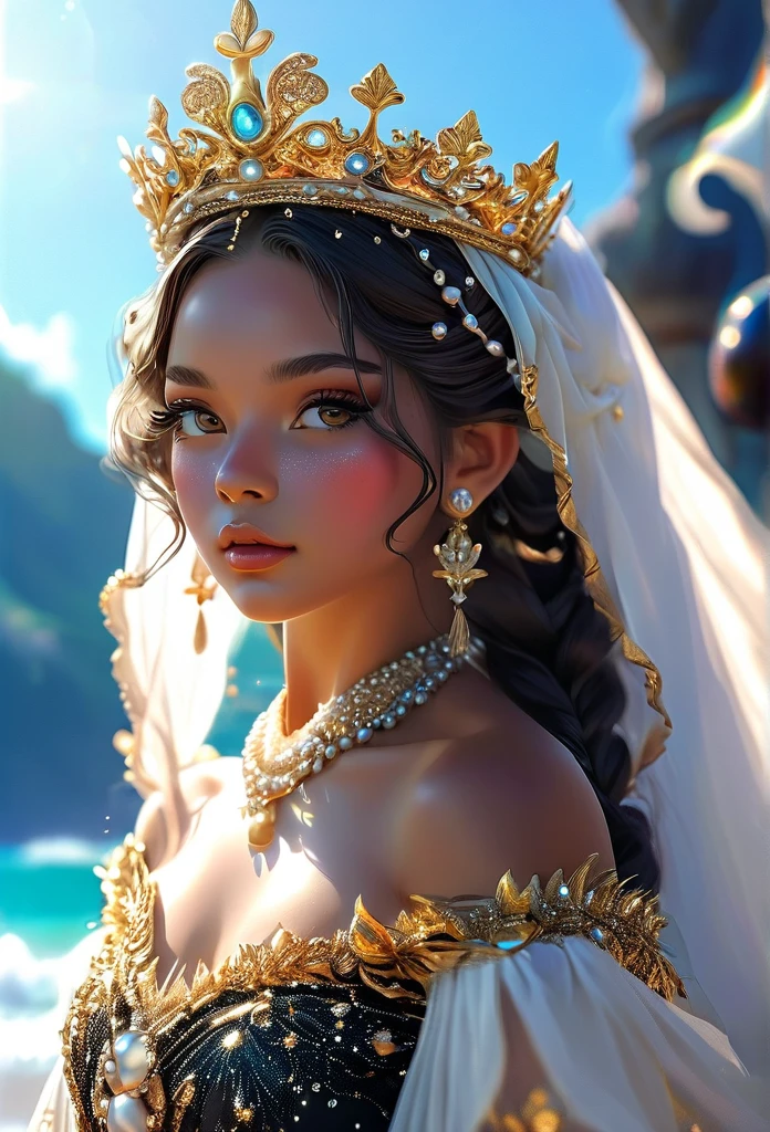 (((King Oxalá / GOD )))on a SKY a bright light, Sorceress, beautiful female sorceress, (( oxalá UHD ))) With a beautiful crown of shells and pearls, volantes+ribbons+detailed in tone , It should look charming and beautiful, Keep the iconic elements of the original character. King GOD must have a sensual round face with large dimensions, clear eyes, long eyelashes and rosy cheeks. Your hair should be in great black tones . Elegant like a king : Vista-se Chibi em um luxuoso e elegante vestido com detalhes standingrolas dourada . He wears a veil on the shore, The character&#39;s costume is a beautiful light blue lace dress. . standing, . Magic Accessories: Add charming accessories to the chibi, shell necklaces and earrings .Be sure to add shadows, textures and details in the hair, God accessories, to make you even more charming and charming. Give him a smiling expression and a smile on his face, Capturing the essence of the character in a subtle way, Delicate hands,( beach scenery, deep surrealistic landscape, king Oxalá and its mermaids ) 16KPensativo, Cabelo branco, Fundo simples, Capuz, Barba, 