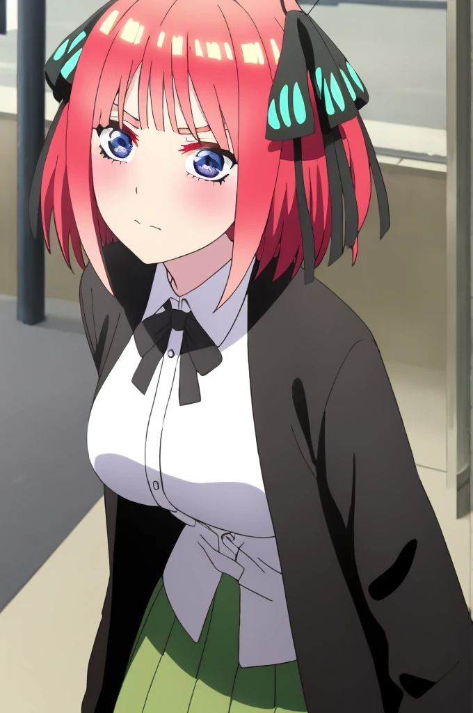 ((best quality)),((highly detailed)), masterpiece, absurdities, detailed face, beautiful face, (detailed eyes, deep eyes), ((dynamic pose)), pink hair, blue eyes, hair clip ornamental butterfly, black ribbon, skirt, hair ornament, shirt, bangs, ribbon, green skirt, white shirt, black cardigan, cardigan, open clothing, open cardigan, blunt bangs, hair band, closure, breasts, pleated skirt , V-shaped eyebrows, short hair, pigtails, collared shirt, indoors, medium hair, blush, alone, eyebrows hidden by hair, long sleeves, shy with rosy cheeks, shy look down, two sides up, breasts large, dress shirt, shiny hair, standing, shiny, looking at viewer, medium breasts, thoughtful, looking up with a pensive face, walking through the city of Tokyo.