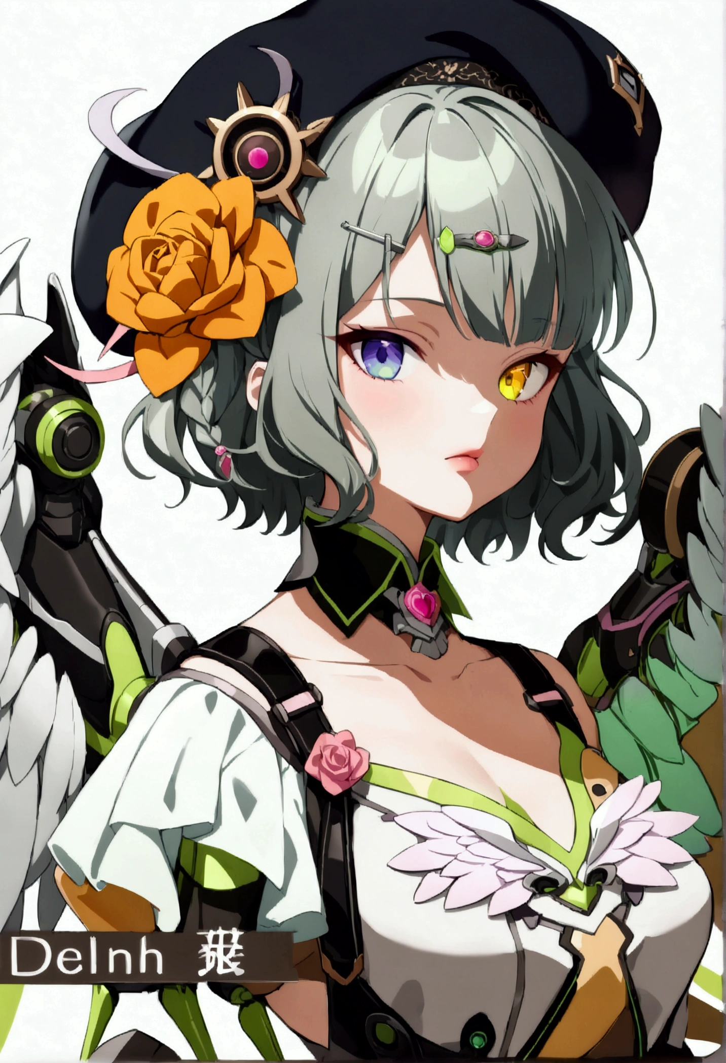 woman 165cm tall, (whole body: 1.5), slim build, , charming look, ((heterocromia: ojo right naranja y ojo izquierdo violeta)), (Shoulder Length Wavy Gray Hair, short braid on the left side of the hair: 1.2, big open bangs, largo flequillo en el lado izquierdo y right del cabello sobre las mejillas , golden gear hairpin on the left side of the hair), (((complex mechanical legs up to the hip, The legs are black with gray parts and small pink details))), (((complex mechanical arms up to the elbows, The arms are black with gray parts and small pink details))), ((complex white mechanical angel wings with pastel green parts)), (elegant black French beret, orange rose ribbon on the beret: 1.2), (stylish white short sleeve button down shirt, dark brown shorts with straps from the waist, elegant black belt, small rose brooch on shirt collar, beautiful mechanical stilettos), (((full body character design sheet: vista 3/4))), ((Pastel yellow background)), extremely detailed hair, beautiful detailed clothing, extremely detailed arms, extremely detailed face, (Extremely detailed hands), perfect hands, beautiful detailed eyes, beautiful detailed lips, adorable, extremely detailed legs, (Best Quality, 8k, ultra resolution), ultra detailed, Exquisite and epic character art, (Focus on symmetry), (extremely detailed wings), (body position: standing, right, symmetrical), looking at the viewer, small face.