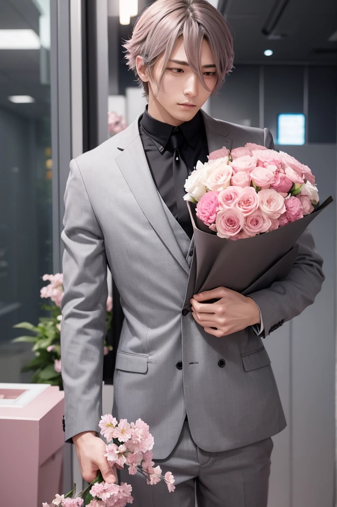 I want an anime style image, of a being like a headless male human body wearing a gray suit and in place of his head a bouquet of pink flowers