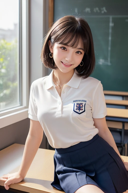 girl, White skin, ((Dark brown short tiered hair)), V cut with layers and bangs, Brown eyes, Soft atmosphere characteristics (Highest quality, Ultra-high resolution, 8k, RAW Photos, Ultra-high resolution: 1.2, masterpiece: 1.3), (Realistic, Realistic: 1.37), Very detailed, Professional Lighting, Photon Mapping, Radio City, 物理ベースレンダring, One Girl, （high school girl）, Sharp focus:1.2、Beautiful woman:1.4,cute, Nice, Adorable smile, Normal chest, Cross Necklace、Earrings、ring,(Cleavage)、(((school uniform：Refreshing summer clothes（Navy Skirt、White polo shirt、Embroidery on chest pocket）
Pause：Leaning on a desk in the classroom、Put your hand on your cheek、A scene of a smiling, relaxed girl：A bright scene with light coming through the classroom window、Background with a blackboard and rows of desks)))