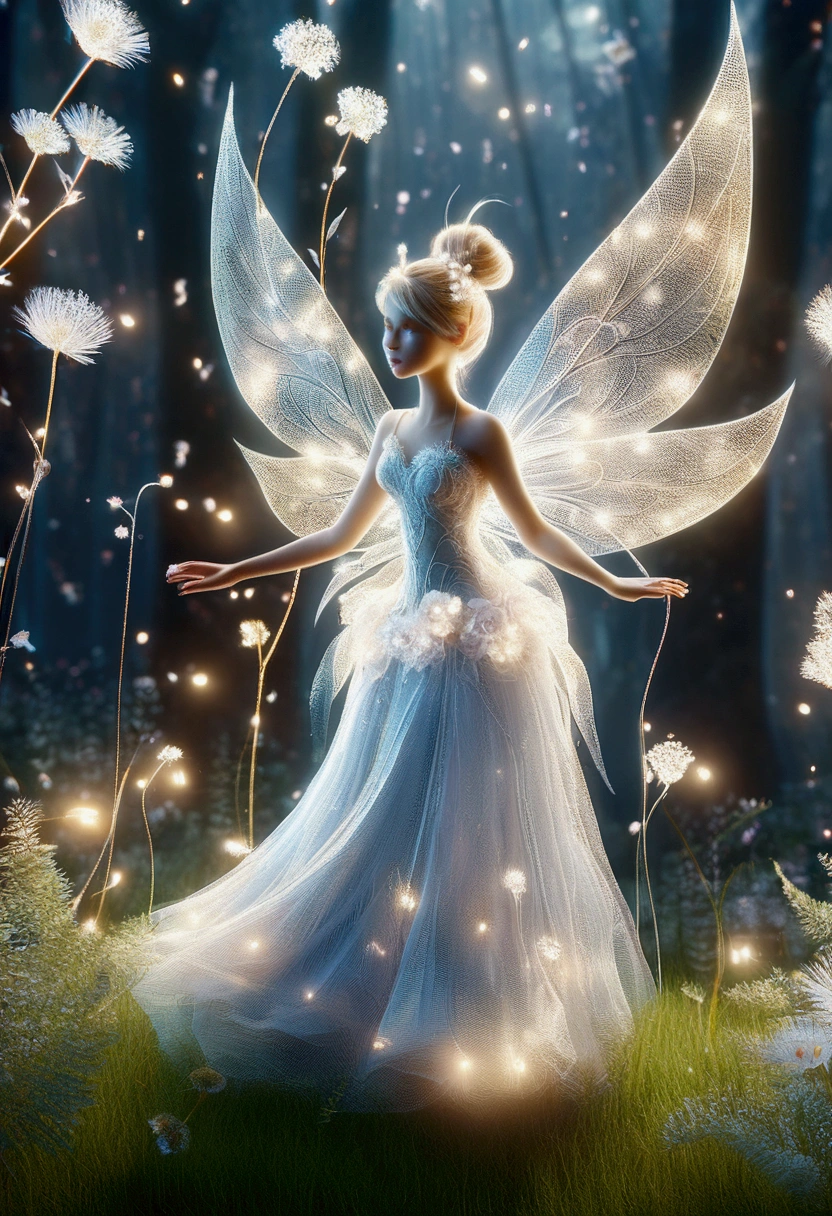 realistic fairy forest, Tinkerbell made of gold and white transparent light_delicate features, Translucent foot-raising body, A variety of small flowers and plants made of light, Ultrafine particles shining in the air_Tinkerbell center close-up angle, A mysterious background where small particles of natural light emit light., ultra high resolution, 8k, Very detailed details, Product detailed image, surreal photo, the greatest masterpiece:1.2, Glowing white smoke spreading in the air, aura,
