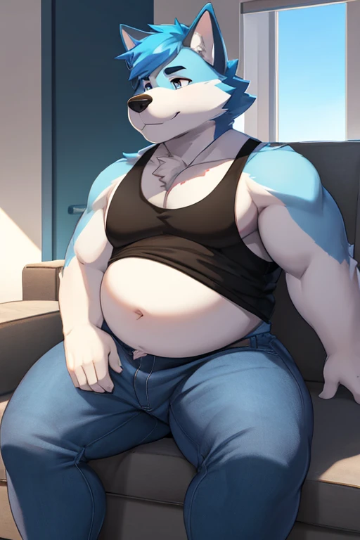 A chubby  anthropomorphic husky with sky blue hair with his belly and pecks sticking out of his belly black tanktop wearing tight jeans, sitting on a couch, full body, solo,