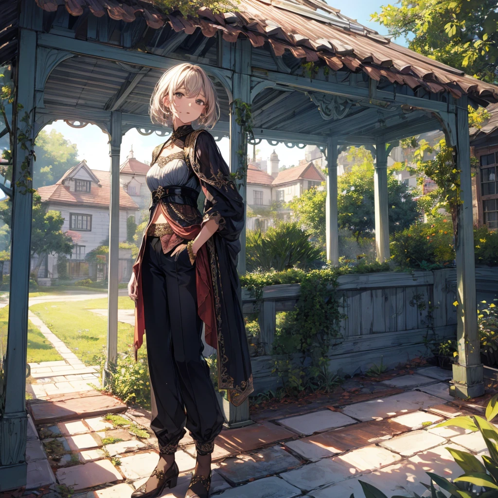 4K, Charismatic, Very detailed, There is a girl in the garden house, Soft Theme, pants, Age 25, whole body, Fantasy