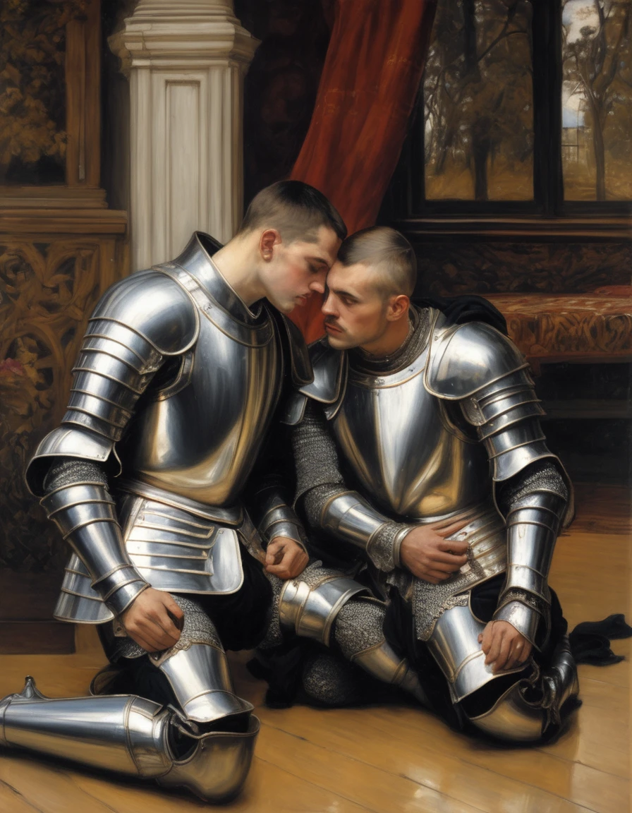 ((Masterpiece, best quality, oil painting, male focus)), (by James Tissot, John William Waterhouse, J. C. Leyendecker), (((the half body portrait of 2 male knights, buzzcut, they are lovers cuddling on the floor, tense, bored and frustrated, blushing, sullen)))