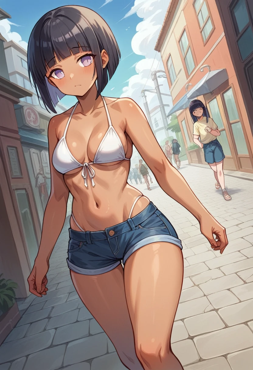 fountain_アニメ, hinatahyuuga Hinata Hyuuga Byakugan, indecent face, short black hair, bangss, thick-thighs, turned legs, big boobies, tanned skin with bikini lines, cowboy shot, blusa de frio cropped, denim shorts, walking in street, favela city on the river, dutch angle, cowboy shot