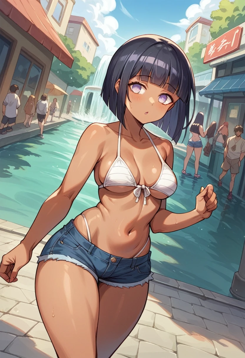 fountain_アニメ, hinatahyuuga Hinata Hyuuga Byakugan, indecent face, short black hair, bangss, thick-thighs, turned legs, big boobies, tanned skin with bikini lines, cowboy shot, blusa de frio cropped, denim shorts, walking in street, favela city on the river, dutch angle, cowboy shot