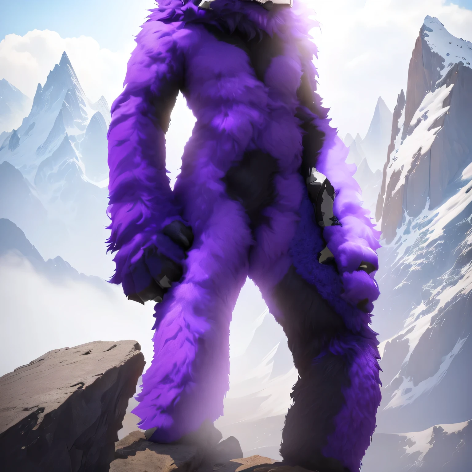 a close-up of a person in a furry costume on a rock, blue and purple fur, Fursuit, Full body with costume, furry character, Full body mascot, furry body, Fursuit!!!!, furry friendly monster, generic furry style, Dream Creature Costumes, the furry Fursuit is running, anthropomorphic character, Full body art, fantastic non-human character, purple alien