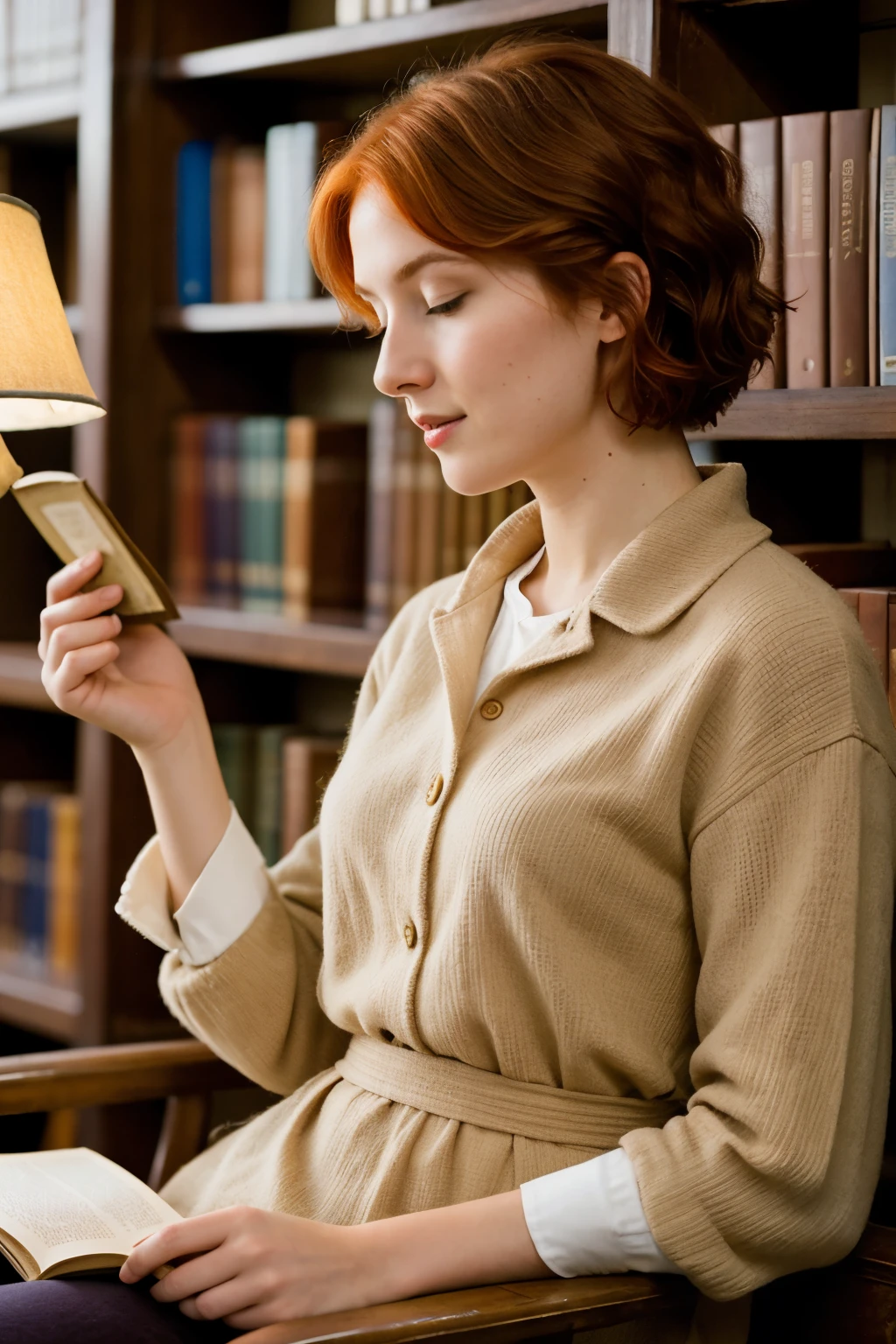 ((best quality)), ((masterpiece)), (detailed), 1girl, focused, short hair, redhead, herbalist woman sitting with a book at the library
