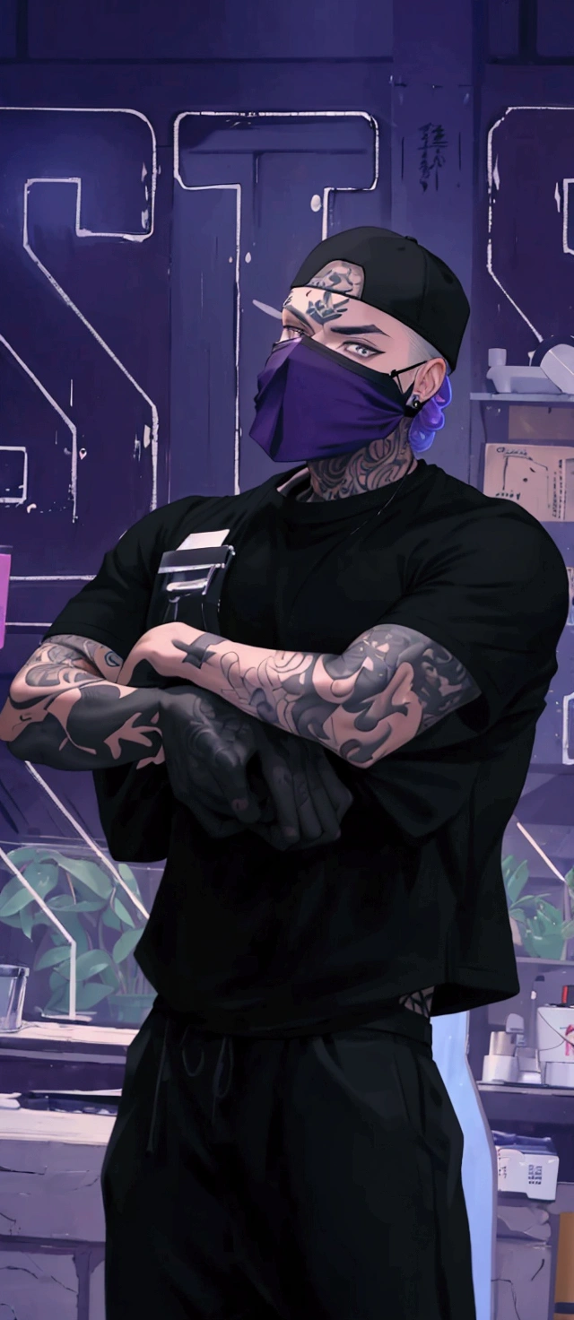 Men wearing black shirt, black pants, black cap, tattooed hands, tattoed neck, tattoed face