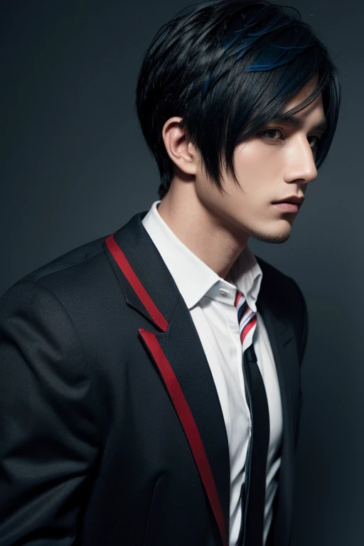 A handsome man with white-blue emo hair, wearing a black blazer with red stripes