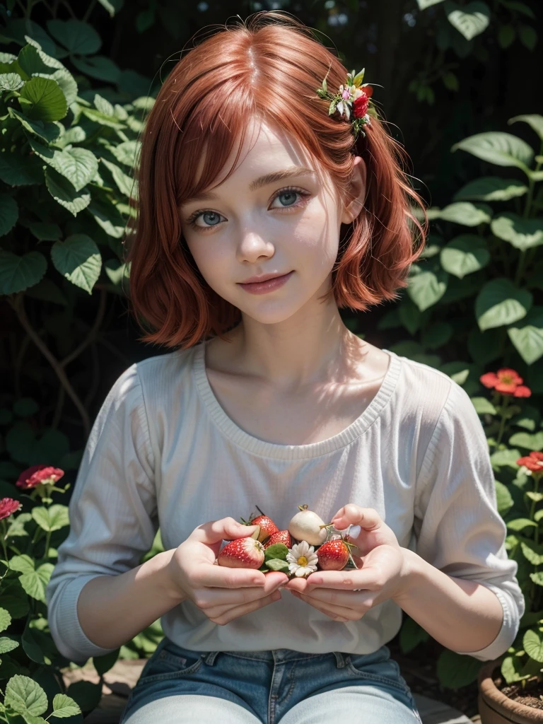 garden , micro tiny pixie smiling red-haired beautiful vivid fairy sitting in garden perfect face vintage , flying bees , socks, jeans onions big head strawberry flowers, , detailed skin texture, otherworldly halo, glowing eyes by Ceccoli, Burton Rockwell cinematic, 32k, , , highly detailed, intricated, intricated pose, high quality, centered, perfect composition. focus on eyes,