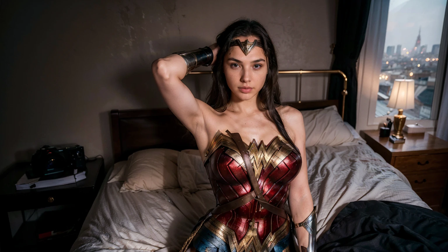 ((masterpiece), (solo character), (photorealistic:1.4), ),(best quality), (epiCRealLife), (g4lg smile), (wonder woman bra top), (g4lg show abs), (g4lg show cleavages), (Gal Godot in wonder woman costume), (lora:epiCFlashPhoto),(flashphoto), (flash photography) (look at viewers), (Paris Apartment bedroom, (Paris city landmark night views), (Gal Godot magazine photoshoot), (upper body shots)