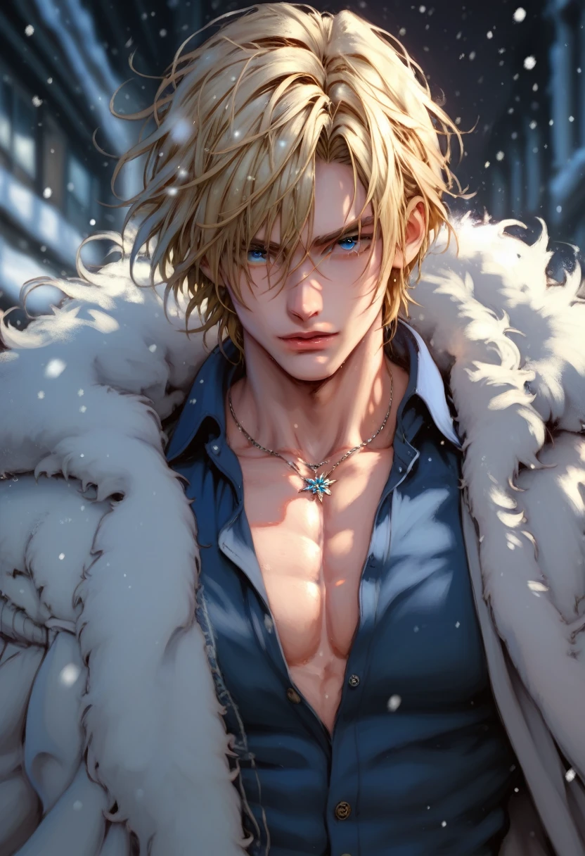 absurdities, High resolution, ultra detailed, HdR, masterpiece, Extremely detailed face and eyes, Leon Kennedy, medium blonde hair, disheveled, bushy eyebrows, LOOKING AT THE SPECTATOR, serious, expressive blue eyes, 1 man, elegant, white fur coat, Fitted blue shirt, toned chest, male sorcerer necklace, snowy background. Complete plan