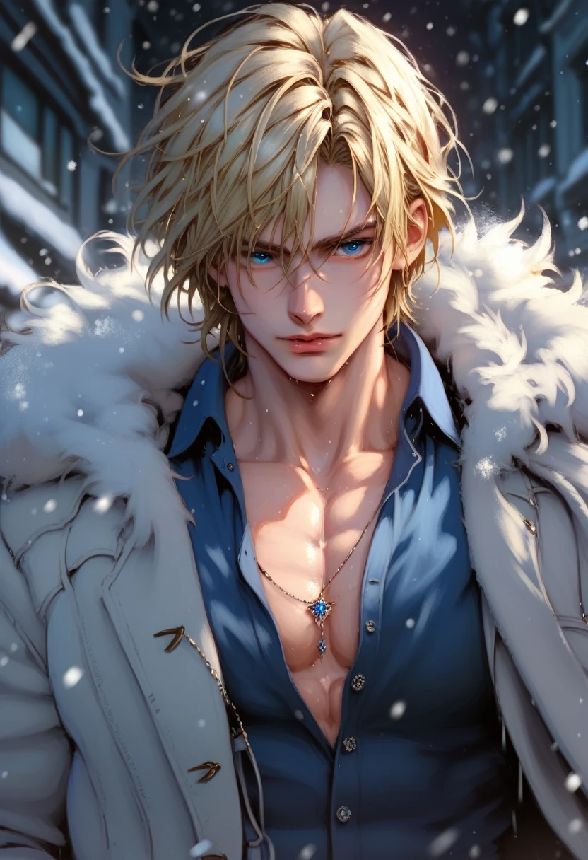 absurdities, High resolution, ultra detailed, HdR, masterpiece, Extremely detailed face and eyes, Leon Kennedy, medium blonde hair, disheveled, bushy eyebrows, LOOKING AT THE SPECTATOR, serious, expressive blue eyes, 1 man, elegant, white fur coat, Fitted blue shirt, toned chest, male sorcerer necklace, snowy background. Complete plan