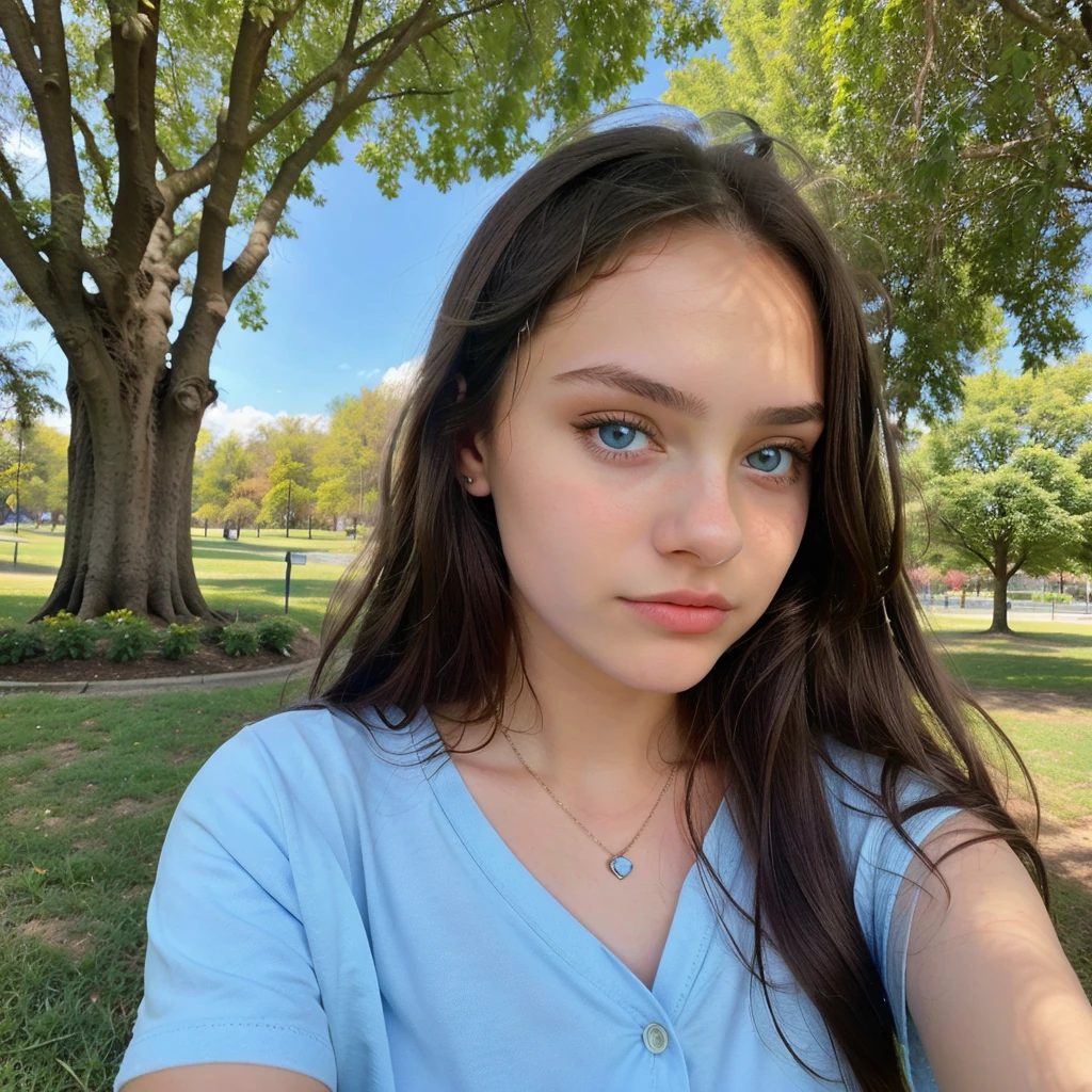 a beautiful 14 year old Russian teenage Ukrainian girl with blue eyes , taking a selfie with face of young girl with perfect body big eyes , wide fleshy lips thin upturned nose, with a fine face like a barbie , normal breasts ,very long and very straight black hair, wearing short dark shorts and a big button shirt , 14 years old, very tender face , Teenage girl with blue eyes posing very sexy wearing a baby pink t-shirt and casual clothes in the park ,straight hair. a very sexually attractive teenage girl, posing from Ukraine beautiful girl 14 year old girl cute beautiful masterpiece, with a blue sky and sunny day, with an angelic face very beautiful girl