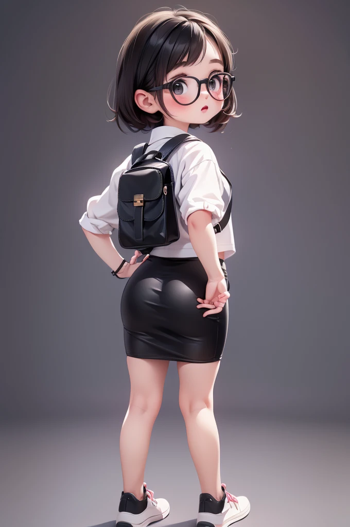 masterpiece, highest quality, Official Art, 8k wallpaper, Very detailed, figure, Small 1 person girl cute, with cute makeup, black Hair, Wide Hips, Big Ass, Round ass, wear high heels, wear short black t-shirt , with black glasses,Tight pencil skirt, Sailor Top, Backpack, Are standing, From the back, From the back, face surprised.