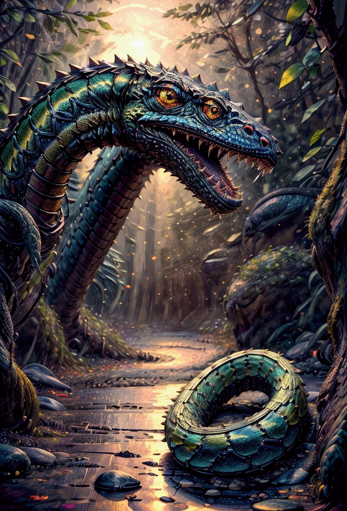 A large, coiled snake with detailed scales, piercing yellow eyes, a long forked tongue, (best quality,4k,8k,highres,masterpiece:1.2),ultra-detailed,(realistic,photorealistic,photo-realistic:1.37),HDR,UHD,studio lighting,ultra-fine painting,sharp focus,physically-based rendering,extreme detail description,professional,vivid colors,bokeh,realistic reptile, slithering motion, dramatic lighting, moody atmosphere, natural environment