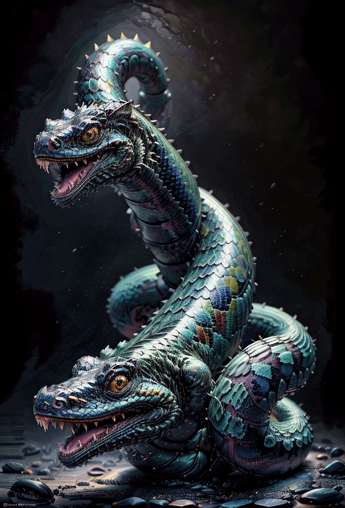 A large, coiled snake with detailed scales, piercing yellow eyes, a long forked tongue, (best quality,4k,8k,highres,masterpiece:1.2),ultra-detailed,(realistic,photorealistic,photo-realistic:1.37),HDR,UHD,studio lighting,ultra-fine painting,sharp focus,physically-based rendering,extreme detail description,professional,vivid colors,bokeh,realistic reptile, slithering motion, dramatic lighting, moody atmosphere, natural environment