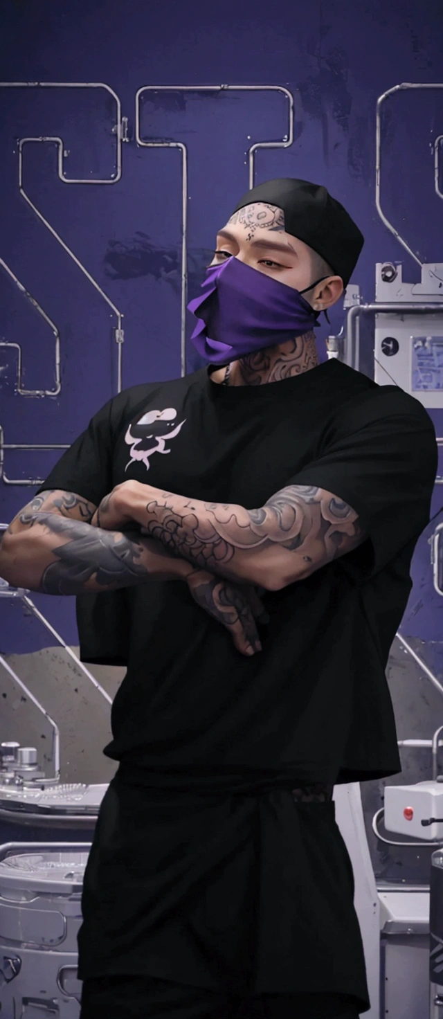 Men wearing black shirt, black pants, black cap, tattooed hands, tattoed neck, tattoed face