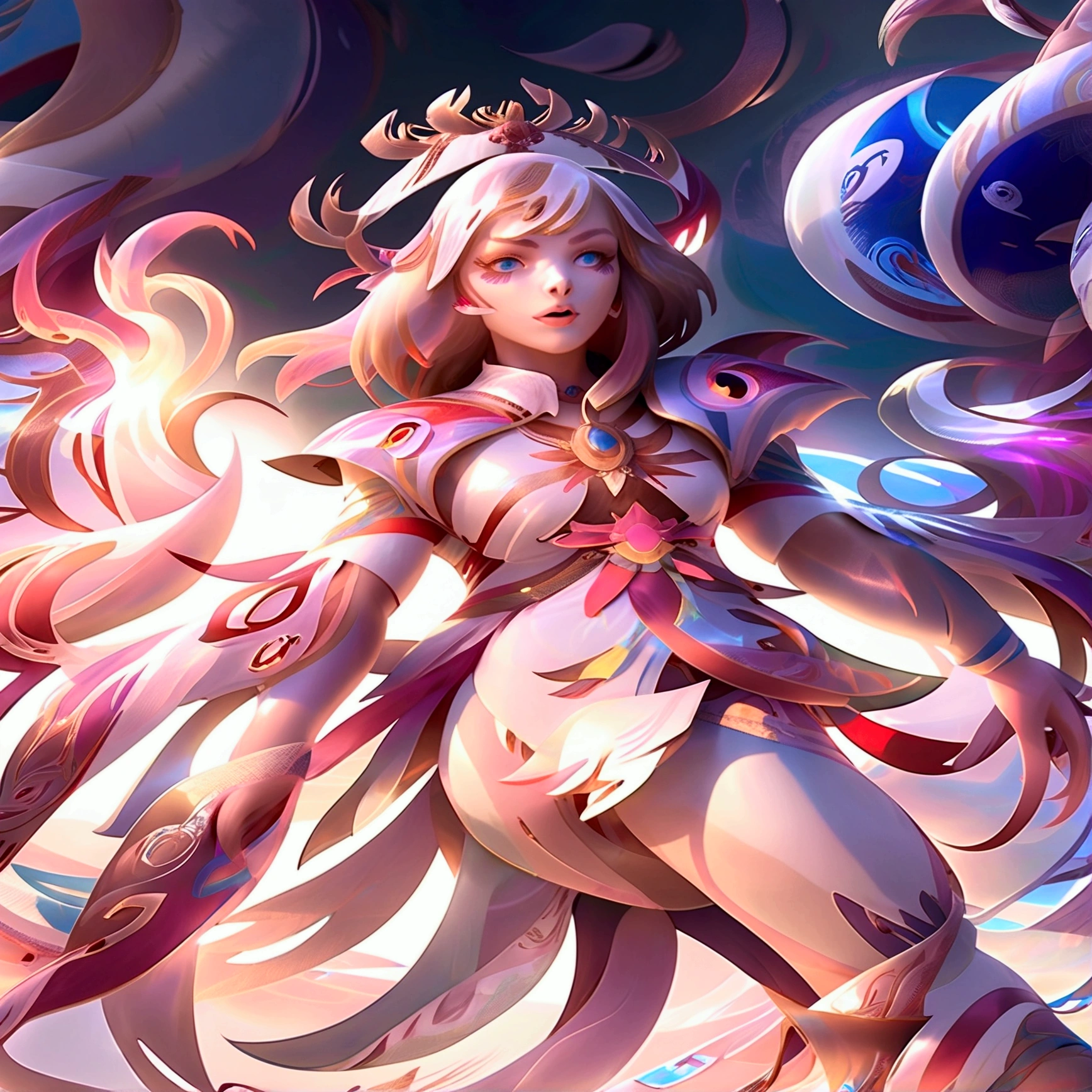 1 , solo, high resolution, high resolution, Masterpiece artwork, detail, White hair, Hime cut, blue colored eyes, view from the bottom, General plan, backlighting, Ray tracing, 3D rendering, Reality, goddess, goddess da moonligh, moonligh, rosto angelical, divine, creative background, fully body