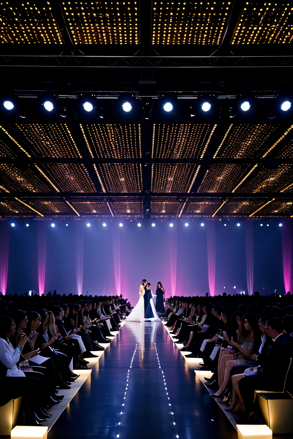 A high-fashion runway show in Paris with elegant models wearing avant-garde designer outfits. The runway is illuminated with vibrant spotlights, and the background features a sleek, modern cityscape. The models walk confidently, showcasing bold, futuristic designs with intricate details and luxurious fabrics. The audience is filled with fashionable attendees, sitting in rows, capturing the event on their smartphones and cameras. The overall atmosphere is glamorous and cutting-edge, with an air of sophistication and high energy