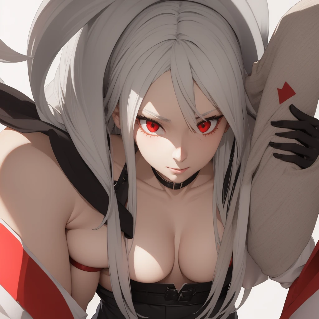 A girl with white hair and red eyes with a sexy weight holding a sign to fuck