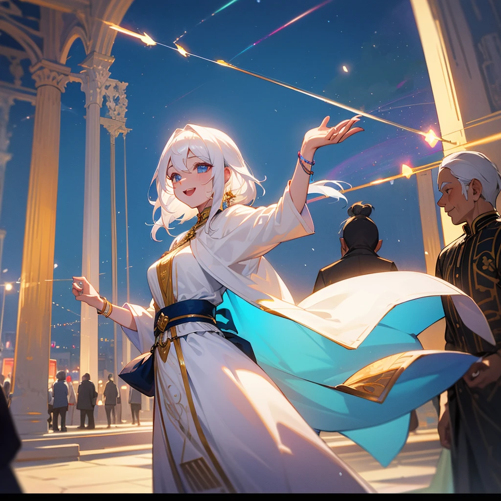 A very beautiful city, with celestial aesthetics. happy people celebrating a festival. healthy looking ethnicity. white skin and white hair.