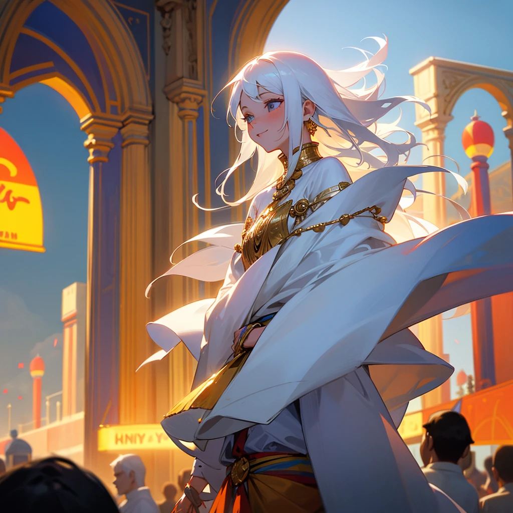A very beautiful city, with celestial aesthetics. happy people celebrating a festival. healthy looking ethnicity. white skin and white hair.