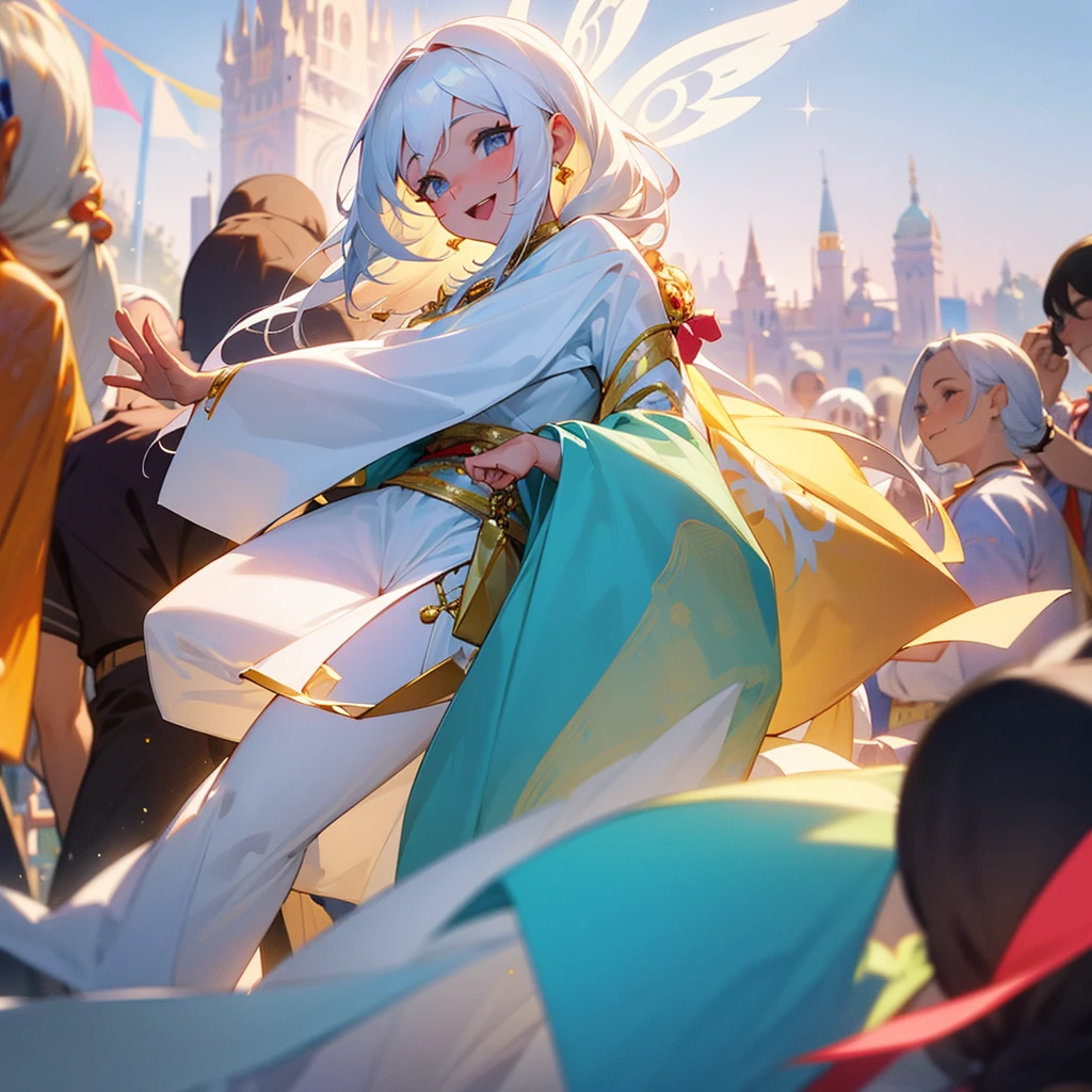 A very beautiful city, with celestial aesthetics. happy people celebrating a festival. healthy looking ethnicity. white skin and white hair.
