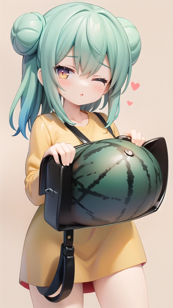 the anime girl with big eyes eating a watermelon with eyes closed, 1girl, food, solo, fruit, hair bun, double bun, looking at viewer, watermelon, holding, holding food, brown hair, yellow shirt, eating, blush,Cheerful girl