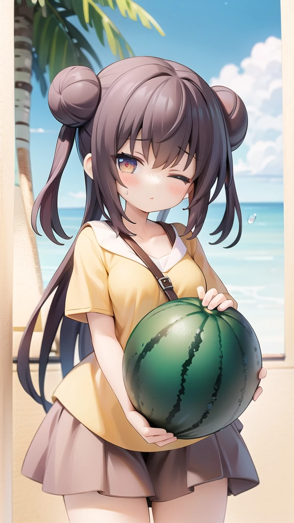 the anime girl with big eyes eating a watermelon with eyes closed, 1girl, food, solo, fruit, hair bun, double bun, looking at viewer, watermelon, holding, holding food, brown hair, yellow shirt, eating, blush,Cheerful girl