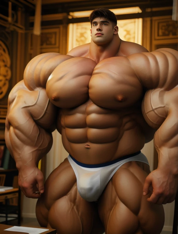 1boy, giant, alone, giant bodybuilder, illuminating light, strong body, bulk, large size, standing in whiet photo studio, indoor, nude, white triangular underwear, thick bulge, scratch his bulge, extraordinary big, brutalmass, giant muscular body, bulk, buff, massive body, large meaty body size, extremely wide body, hairy body
