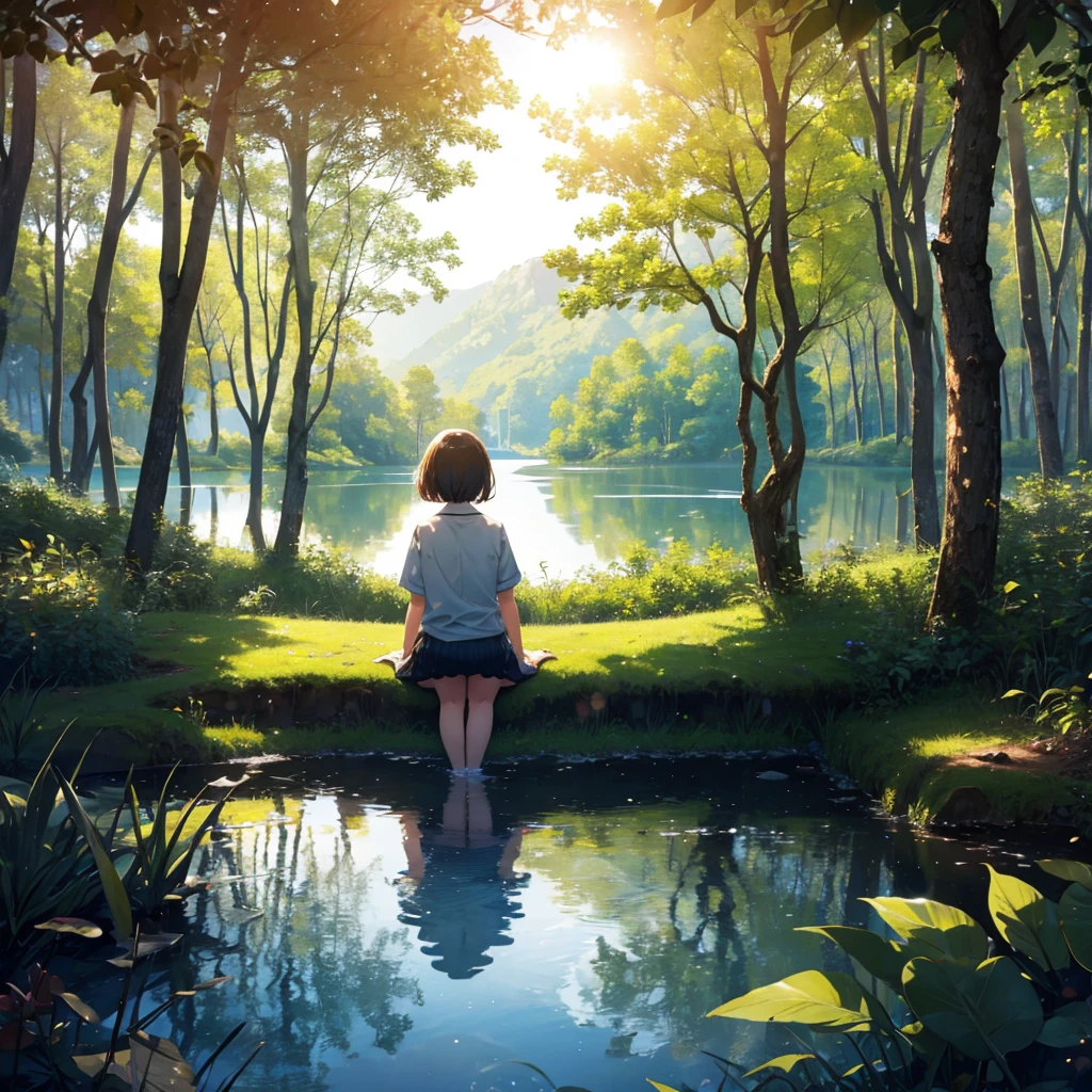 Girl sitting camping, dense and illuminated forest, view of a large lake with sun reflection