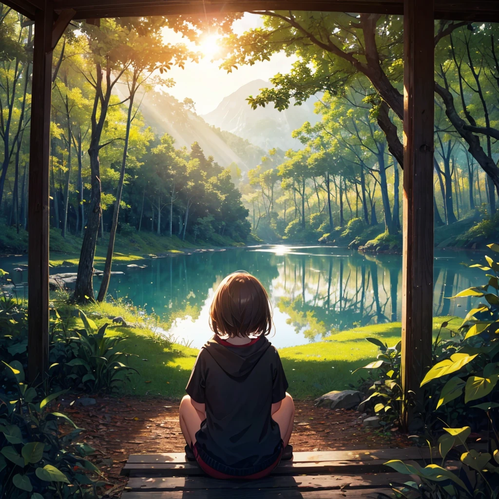 Girl sitting camping, dense and illuminated forest, view of a large lake with sun reflection
