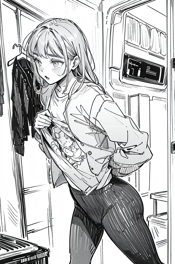 comic panel 18 year old taking off clothes. Detailed fine lines.