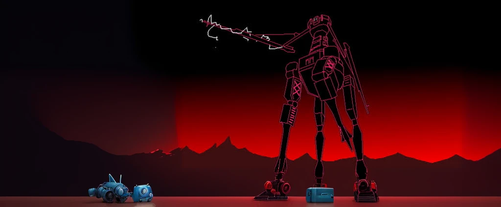 Small blue robot watching from afar with a revolver standing