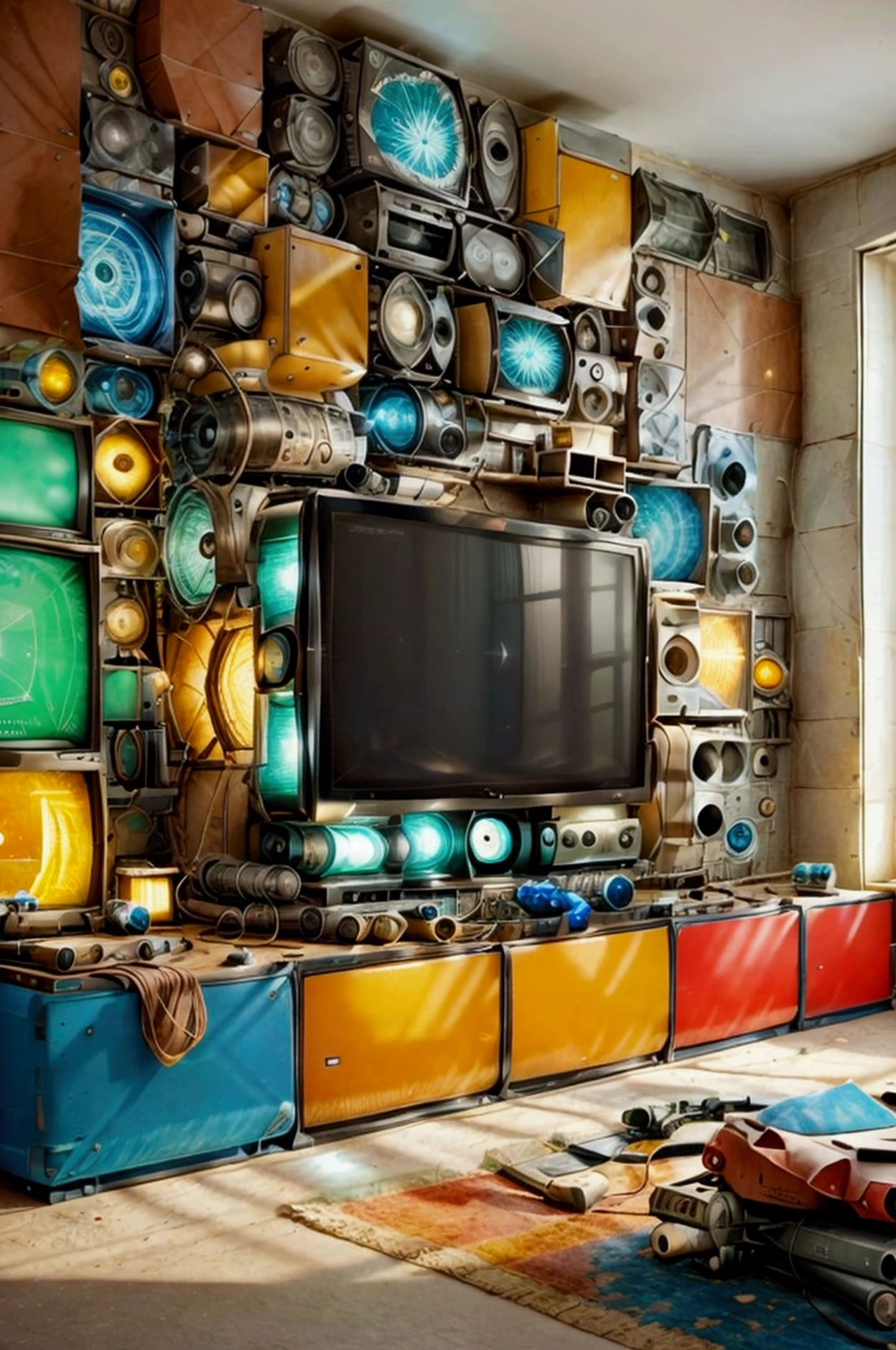 Large room where the walls are old TV stack on top of each other forming walls. On the ground, there are several spare parts of electronic objects.