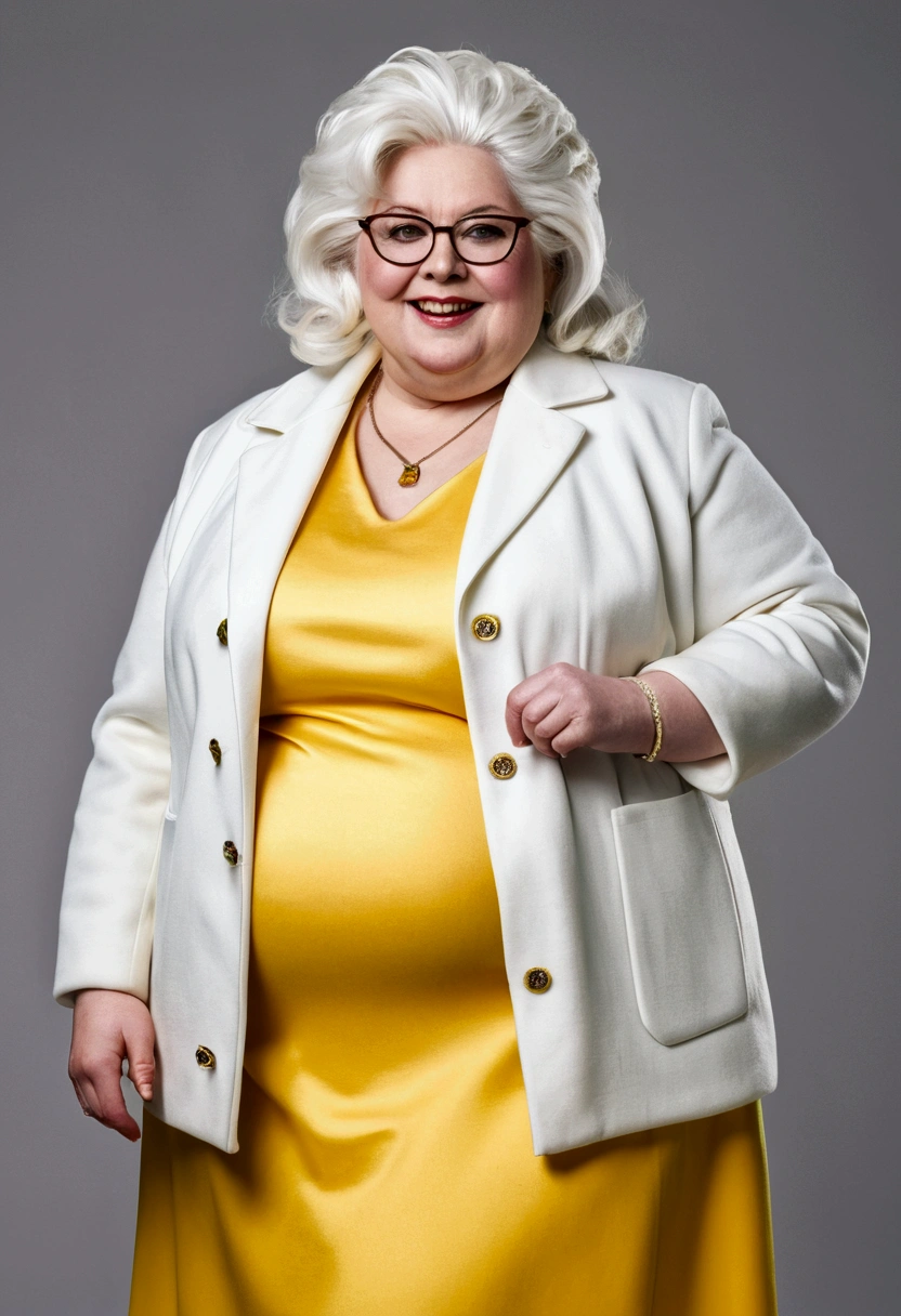 Friendly fat lady with white hair and glasses wearing a yellow dress and a white coat