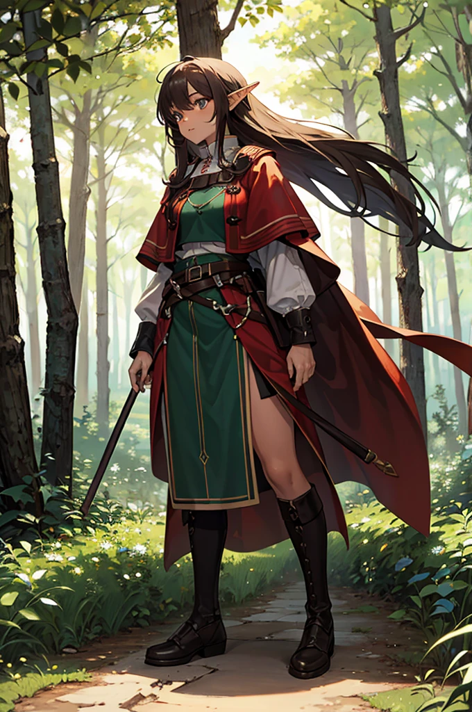 Brown skinned elf woman, adventuress, attractive, medieval, forest background