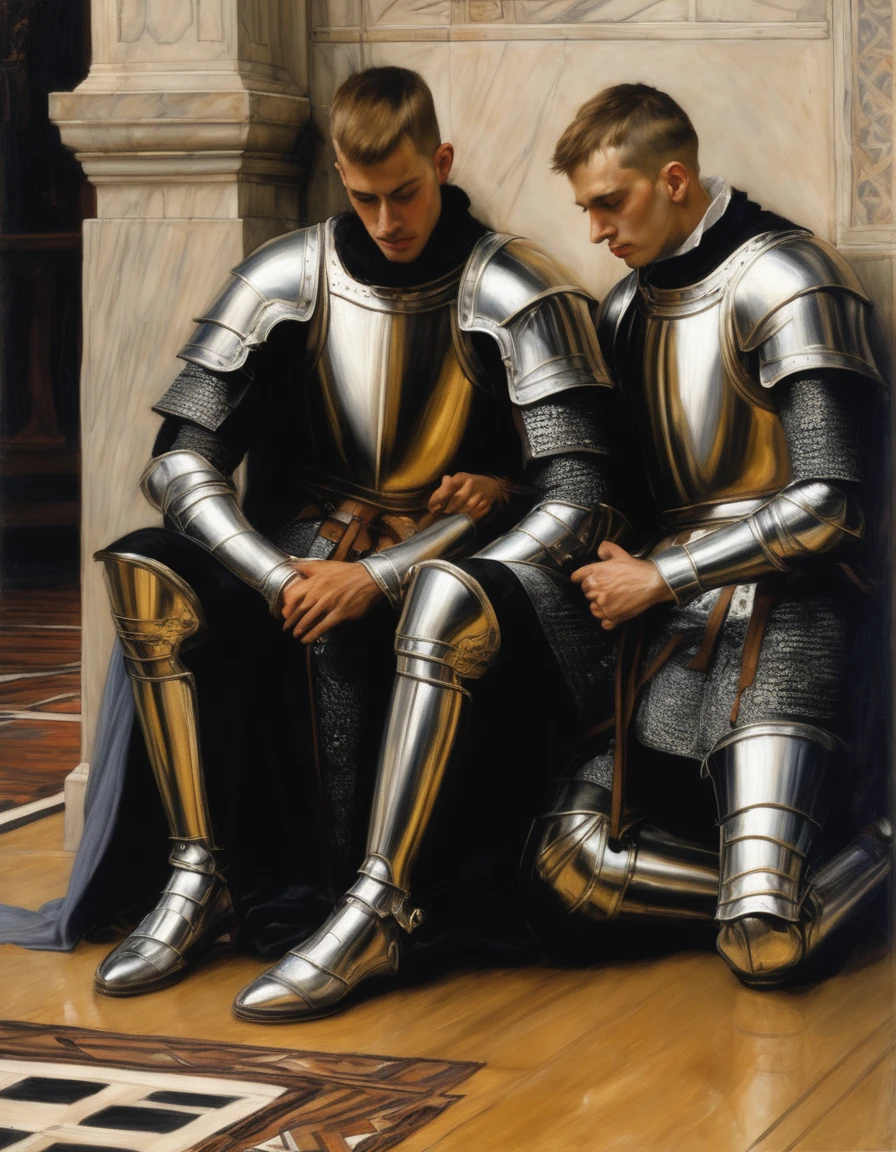 ((Masterpiece, best quality, oil painting, male focus)), (by James Tissot, John William Waterhouse, J. C. Leyendecker), (((the portrait of 2 male knights, buzzcut, they are lovers comforting each other on the floor. They are tense, bored, sad, frustrated, blushing, sullen)))