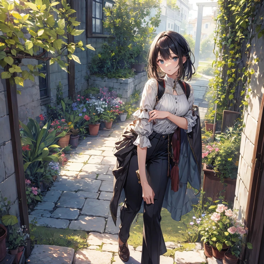 4K, Charismatic, Very detailed, There is a girl in the garden house, Soft Theme, pants, Age 25, Fantasy