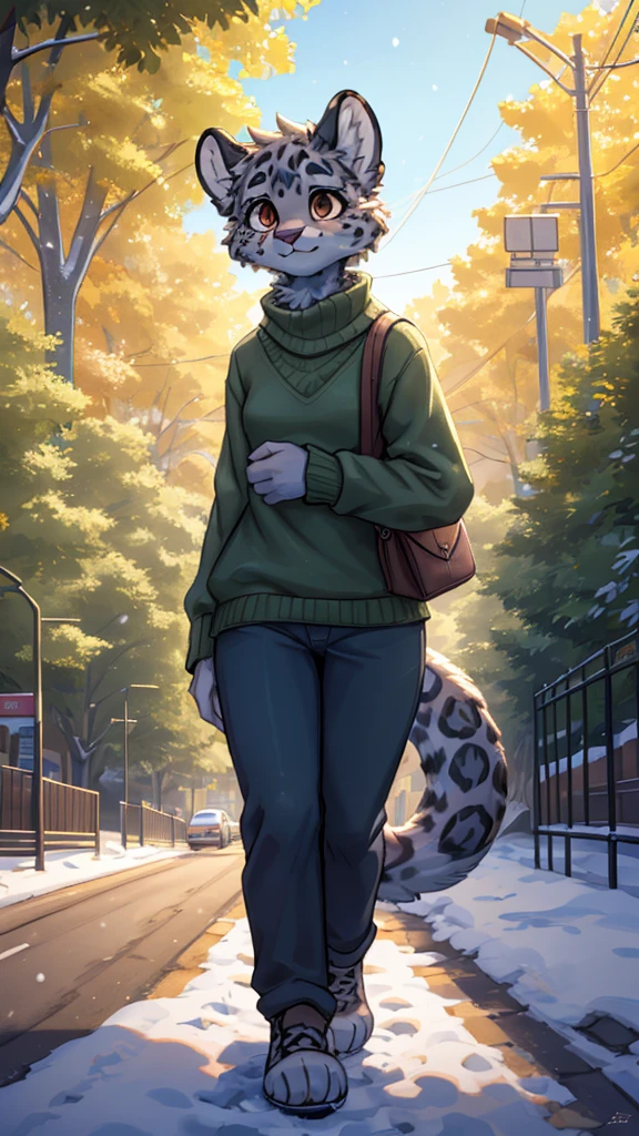 (very detailed illustration: 1.2), best quality, masterpiece, solo, natural lighting, An young anthro female snow leopard with brown eyes, she has snow leopard fur un all her body, she is dressed in a green sweater and dark blue pants, she is in a big bright city, she is in a park where there are trees, she is on a gray gravel road walking.
