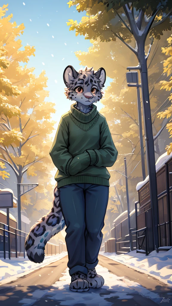 (very detailed illustration: 1.2), best quality, masterpiece, solo, natural lighting, An young anthro female snow leopard with brown eyes, she has snow leopard fur un all her body, she is dressed in a green sweater and dark blue pants, she is in a big bright city, she is in a park where there are trees, she is on a gray gravel road walking.